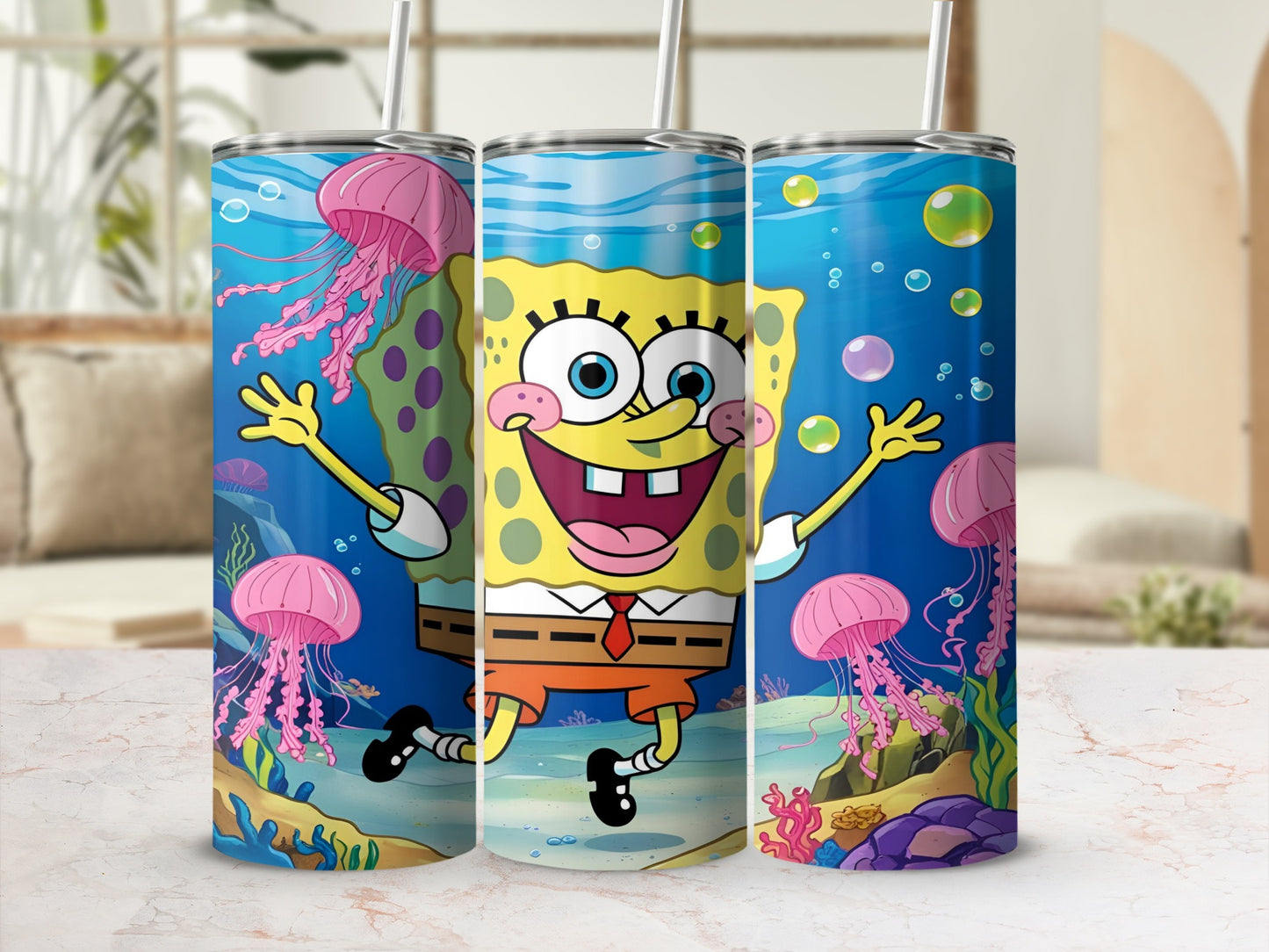 SpongeBob SquarePants character with jellyfish in an underwater scene.