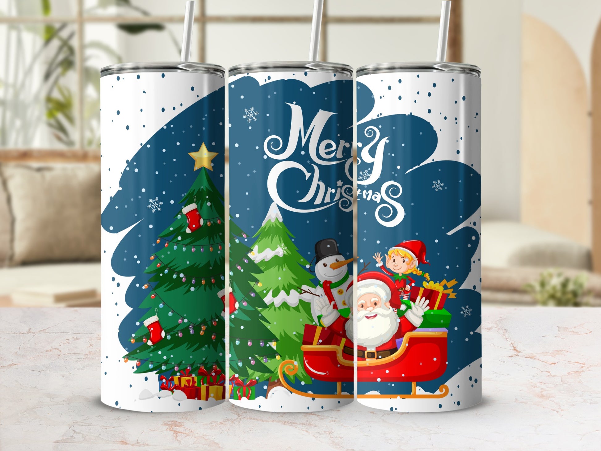 Merry Christmas Tumbler with Santa Snowman Elf and Tree