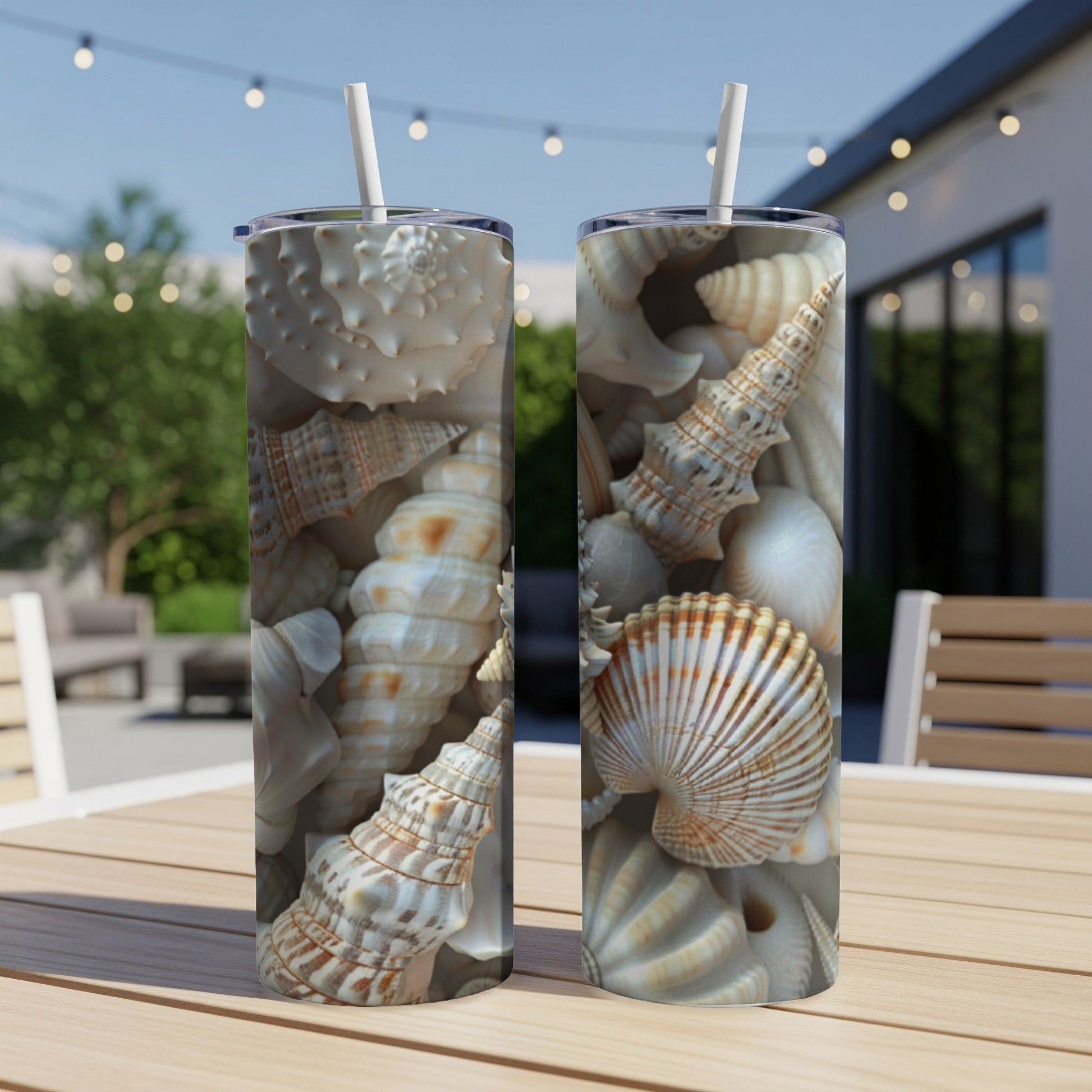Two tumblers with a close-up pattern of various seashells.