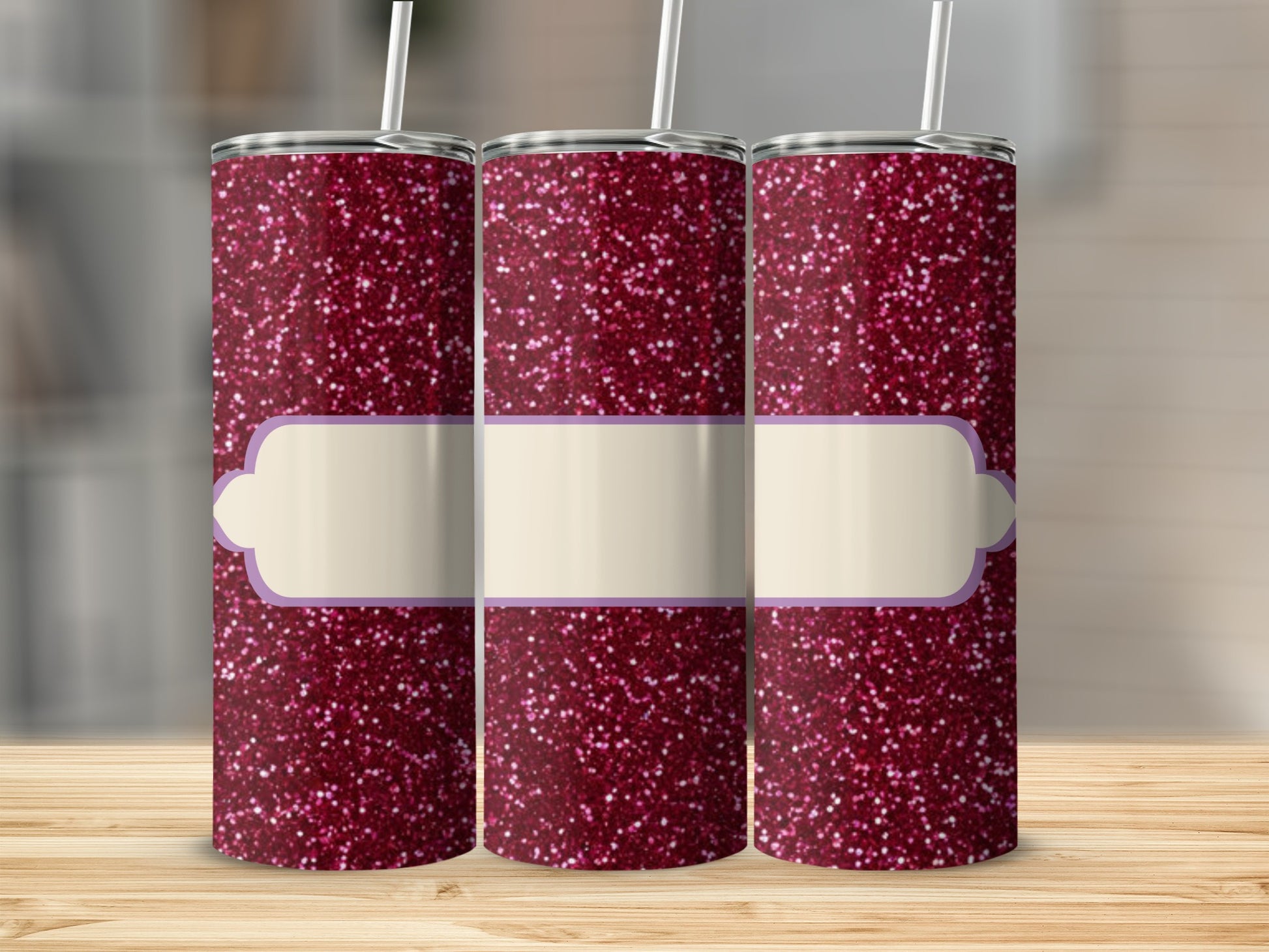 Three glittery tumblers with a blank cream ribbon band.