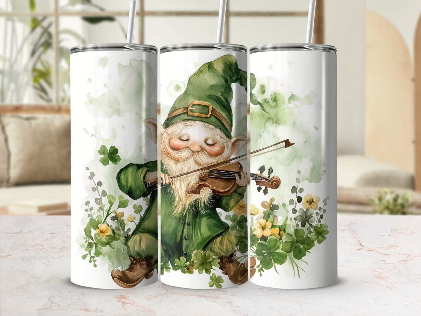 Leprechaun playing a violin with shamrocks and yellow flowers.