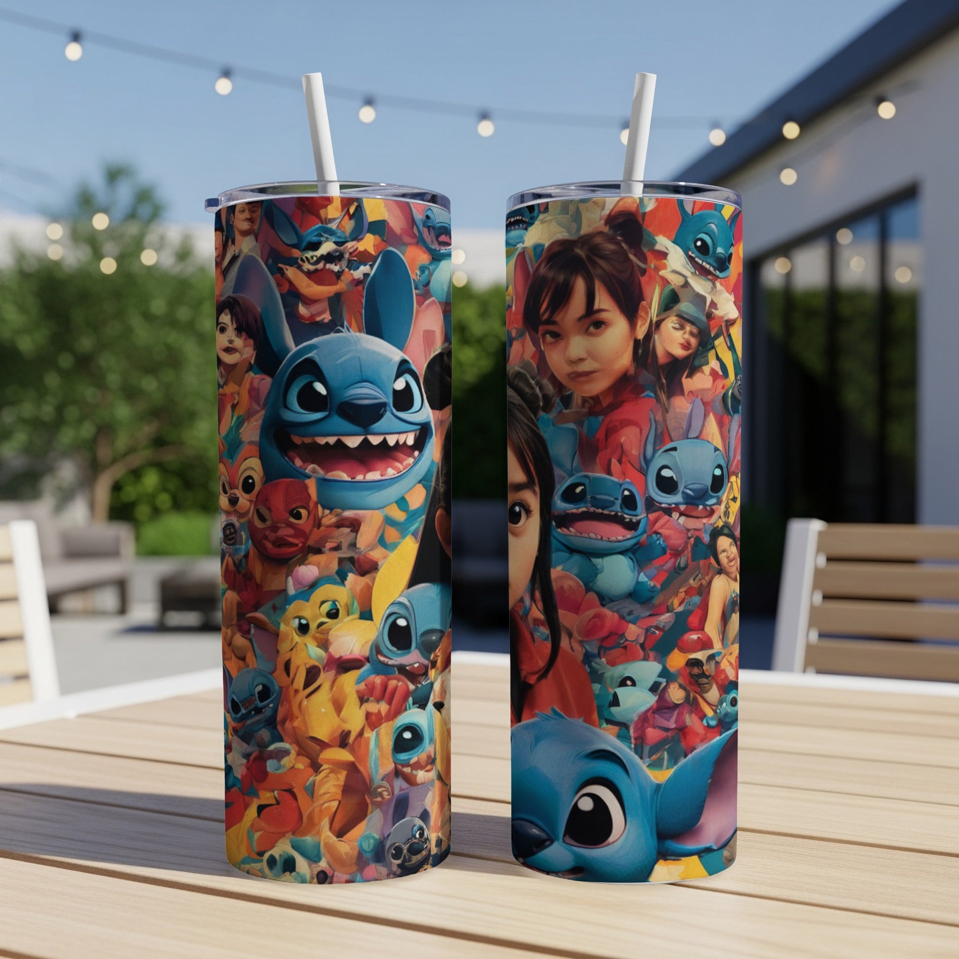 Two tumblers with Stitch and other cartoon characters, with straws.