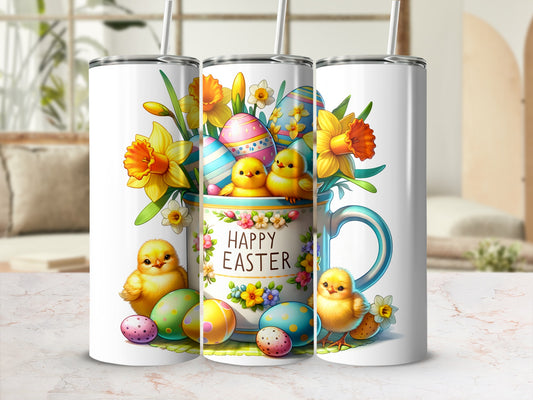 Three tumblers with Easter chicks, eggs, and "Happy Easter" text.