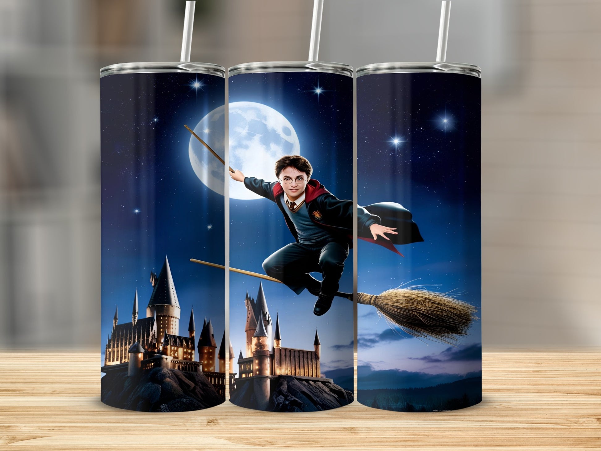 Harry Potter flying on a broomstick in front of Hogwarts castle under a full moon.