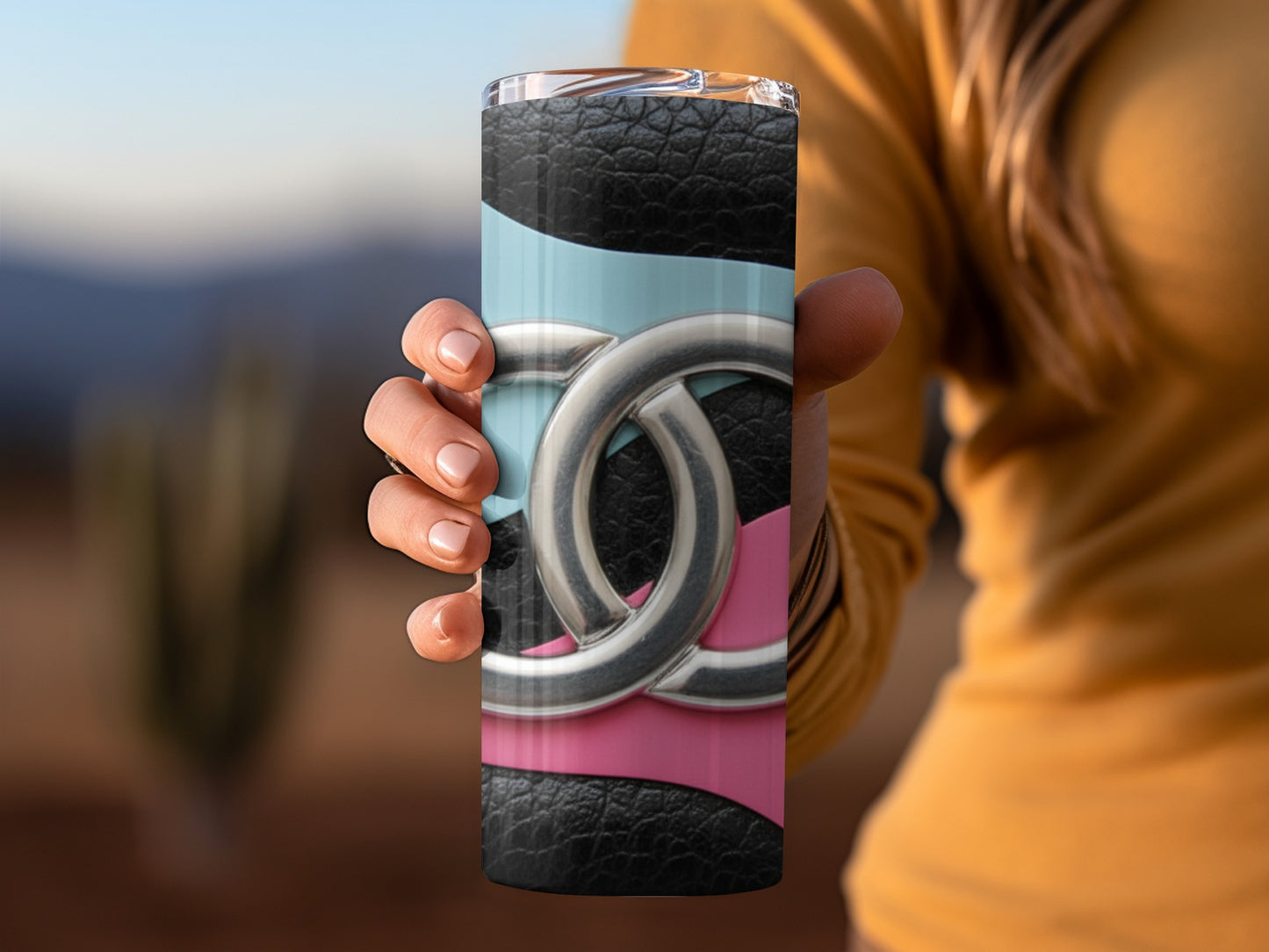 Silver Double Loop on Pink Blue Design Black Base Tumbler