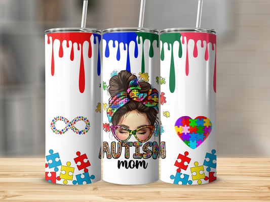 Colorful Autism Mom Tumbler with Puzzle Heart Design