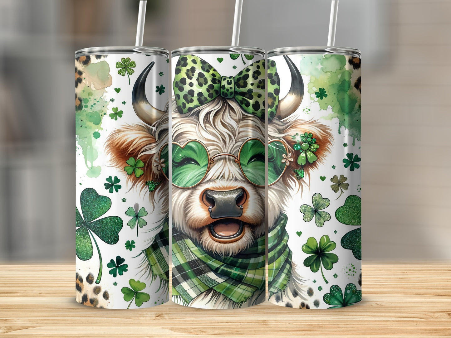 Cow with green sunglasses and shamrocks on tumblers.