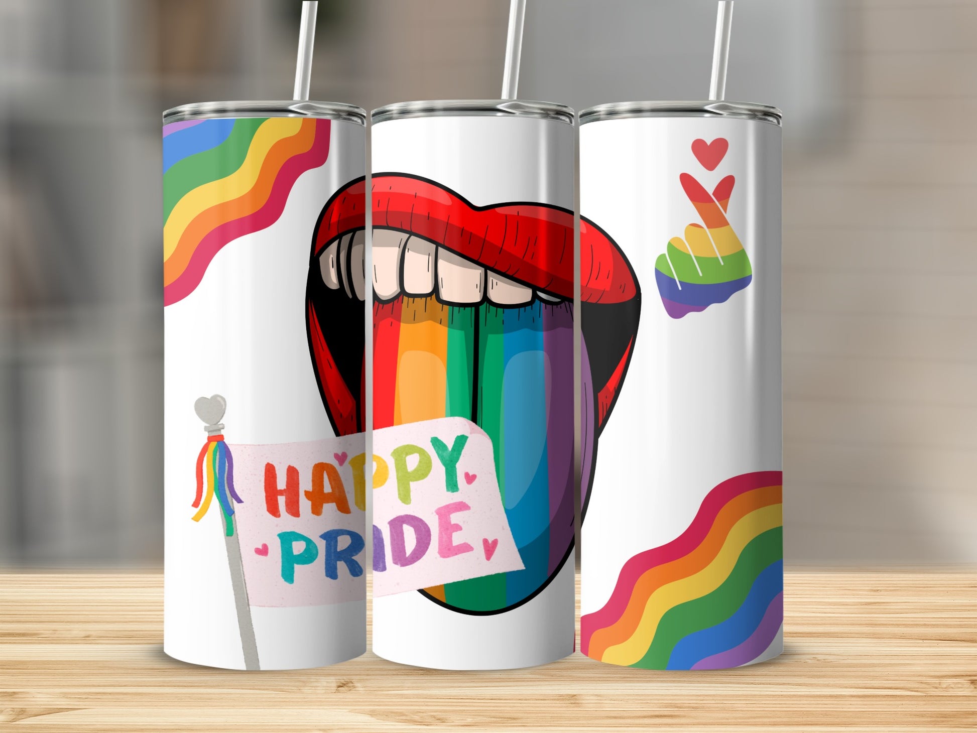 Tumblers with rainbow tongue and "Happy Pride" flag.