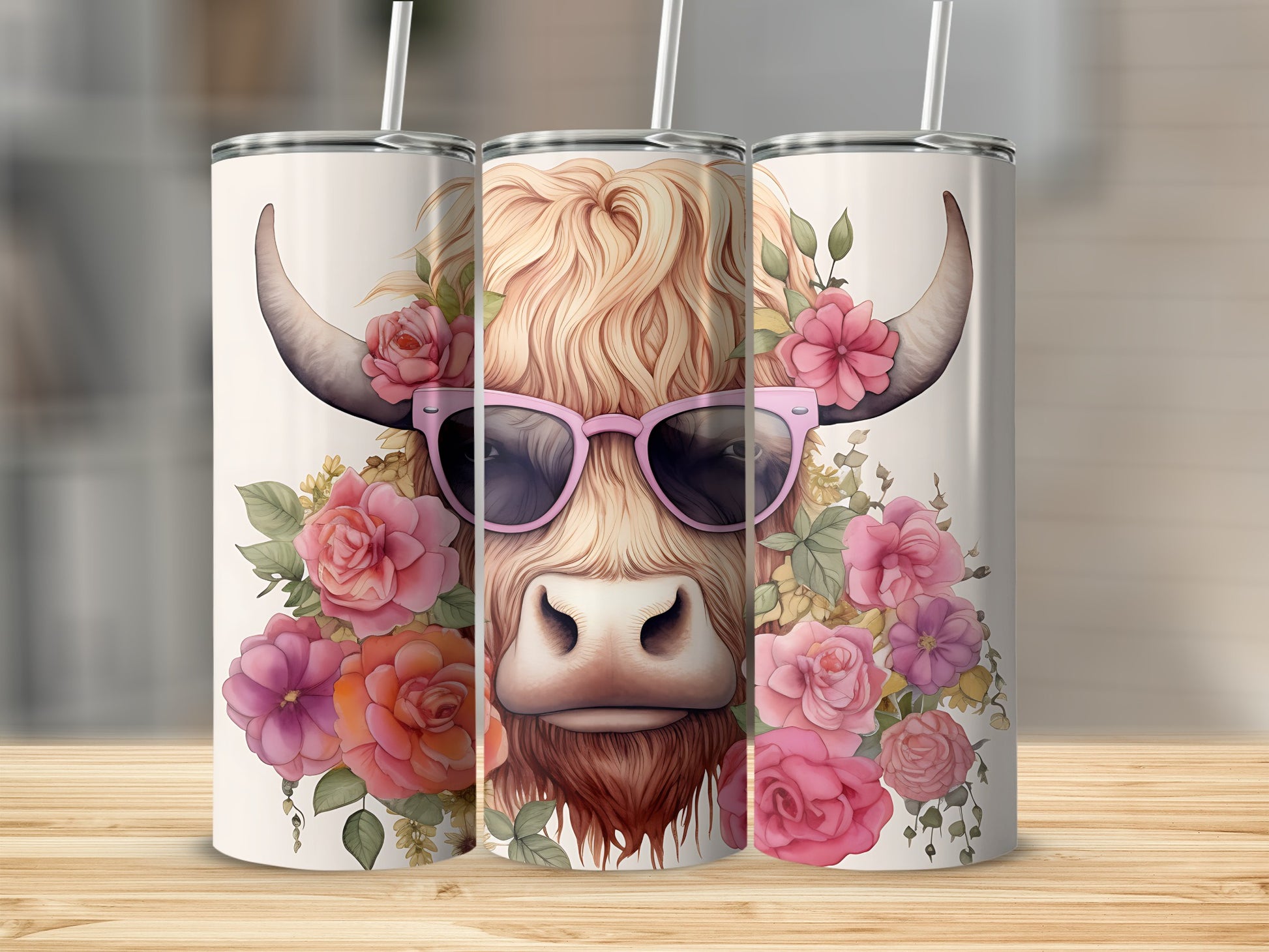 Highland cow with pink sunglasses and flowers on a tumbler.