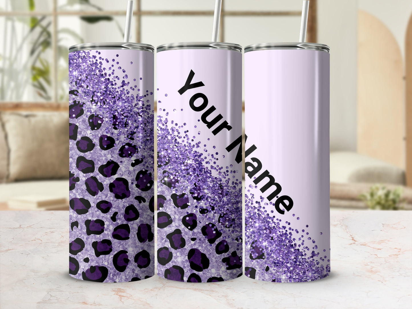 Personalized Purple Glitter Leopard Custom Tumbler Design