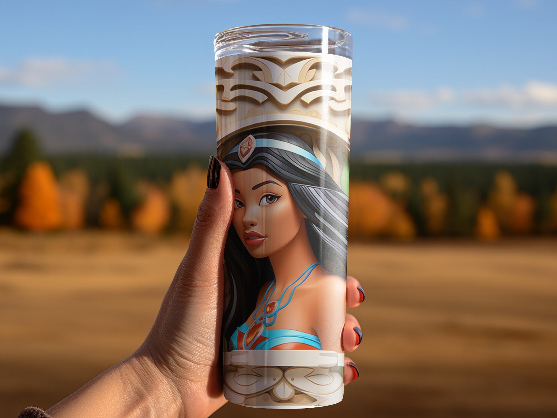 Intricately Designed Travel Tumbler with Scenic Background