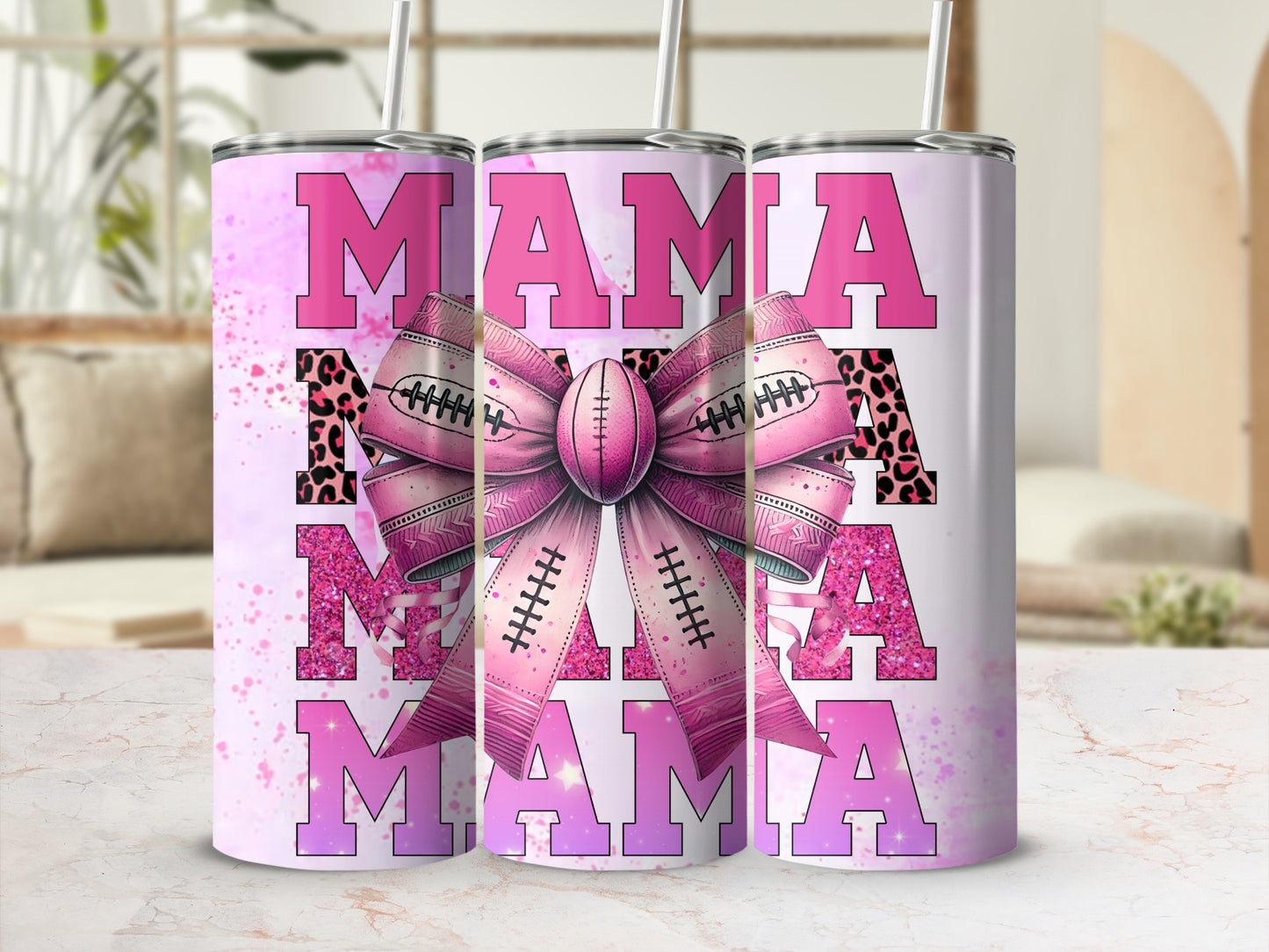 Mama cheetah print tumbler with pink glitter and football bow.