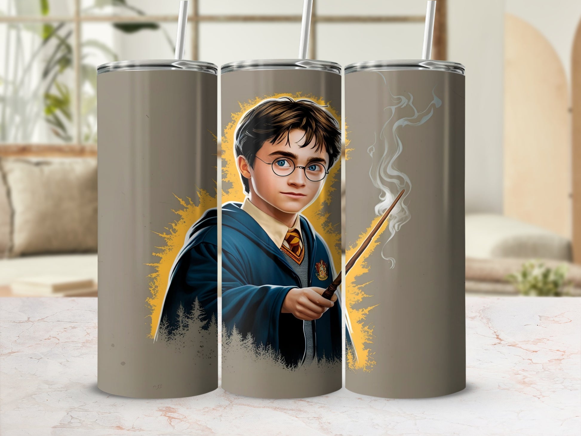 Harry Potter holding a wand with a smoking tip, against a textured background.