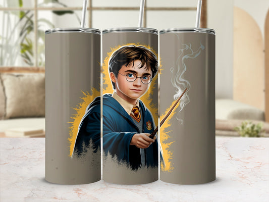Harry Potter holding a wand with a smoking tip, against a textured background.
