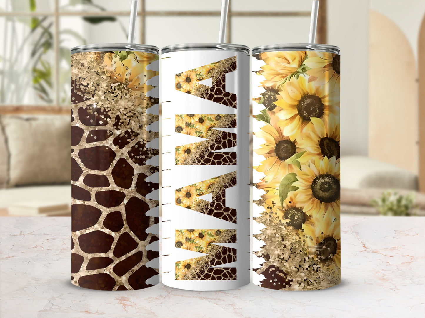 Giraffe Print and Sunflower Pattern Tumbler Set