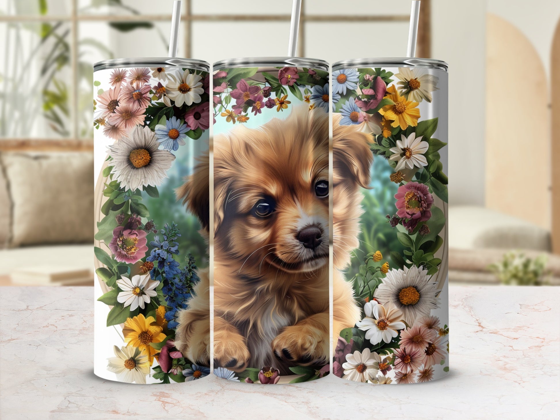 Three tumblers featuring a cute puppy surrounded by a floral wreath.