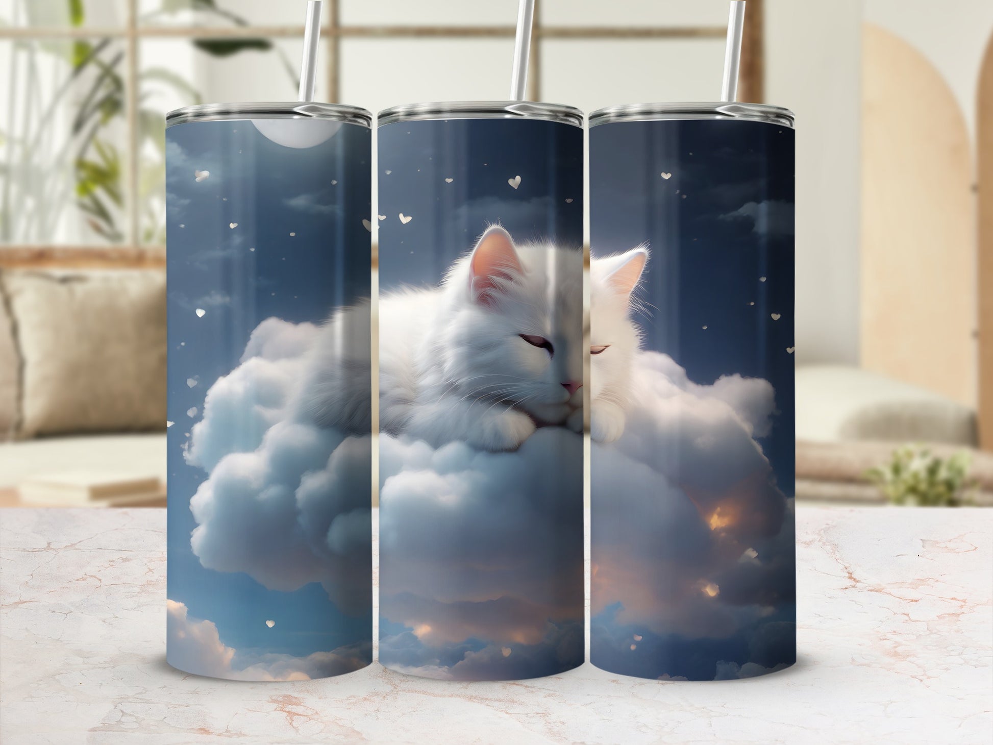 White cat sleeping on clouds, moon, and stars design on a tumbler.