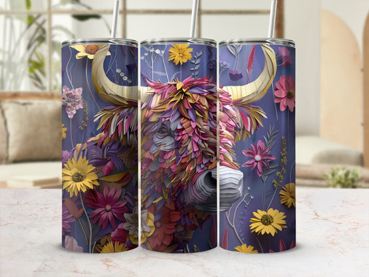 Tall tumbler featuring a colorful Highland cow with floral accents.