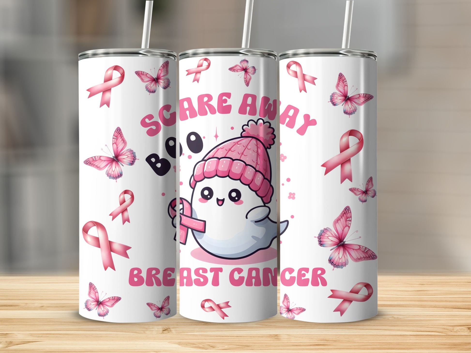 Cute ghost with pink ribbon and text "Scare Away Breast Cancer."