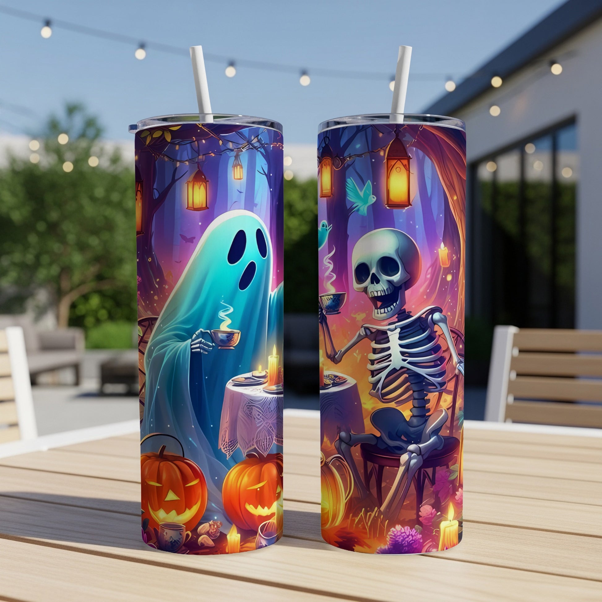 Two tumblers featuring a ghost and skeleton enjoying drinks with Halloween pumpkins.