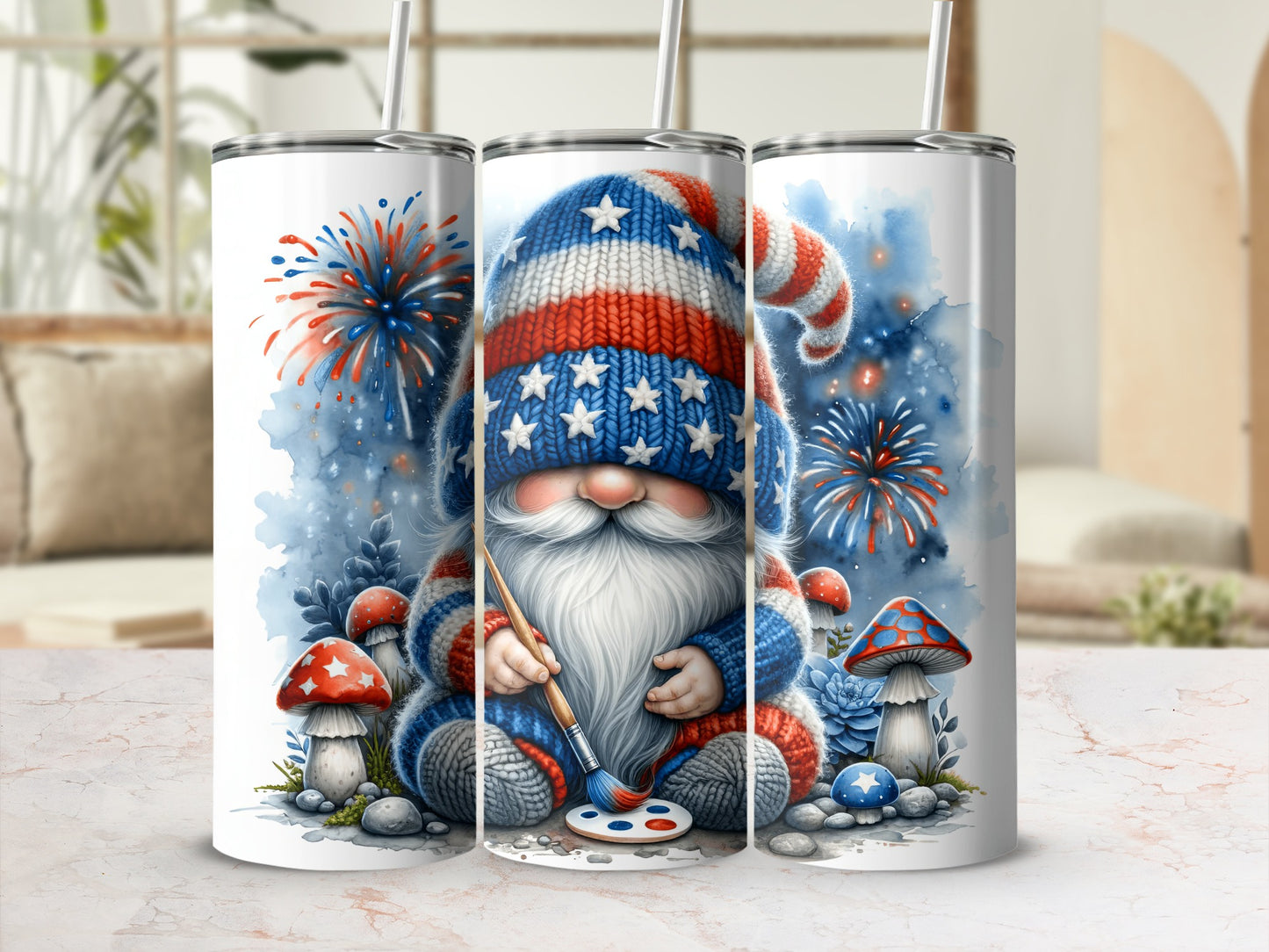 Gnome painting fireworks with American flag hat and patriotic mushrooms.