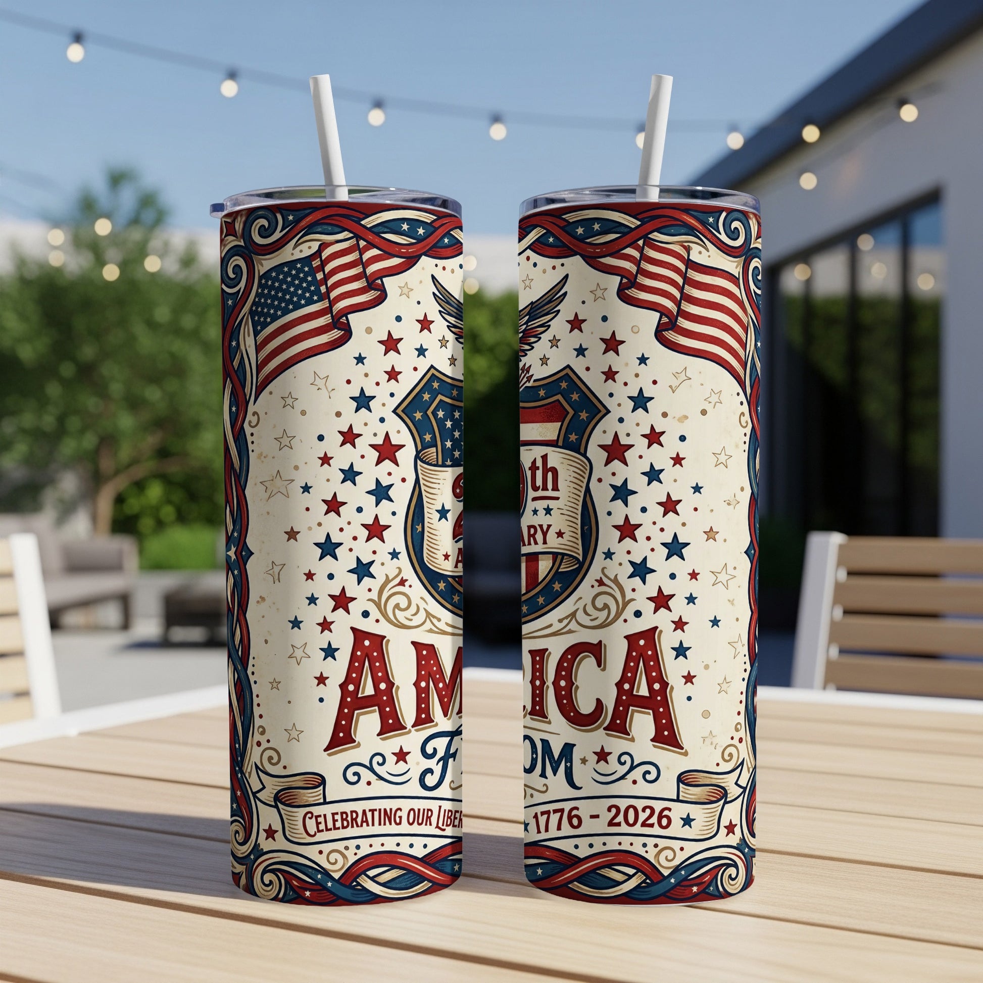 USA flag tumbler with "America" and "1776-2026" text.