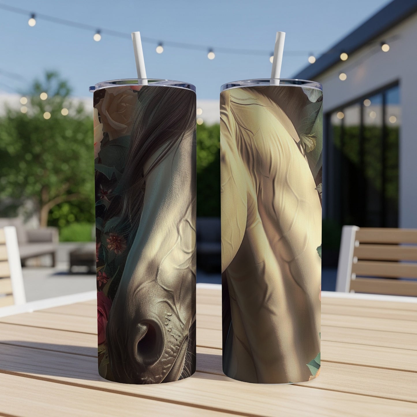 Two tumblers featuring a close-up of a horse's head with floral accents.