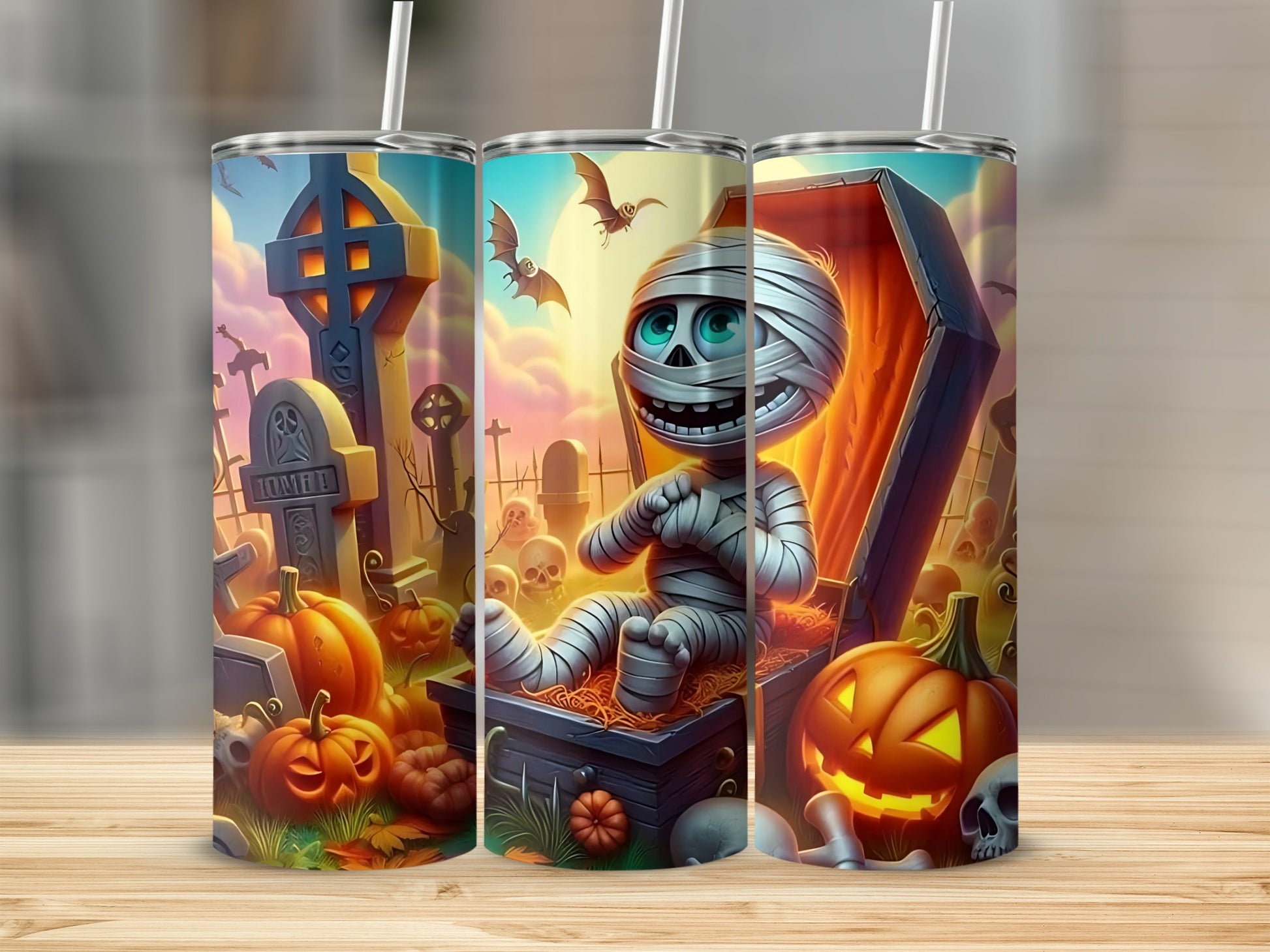 Three tumblers with Halloween graveyard scene featuring a mummy, pumpkins, and bats.