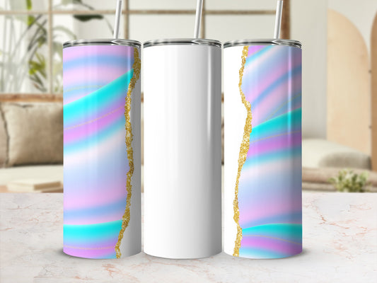 Two tall tumblers with pastel marble and gold glitter design, one white tumbler.