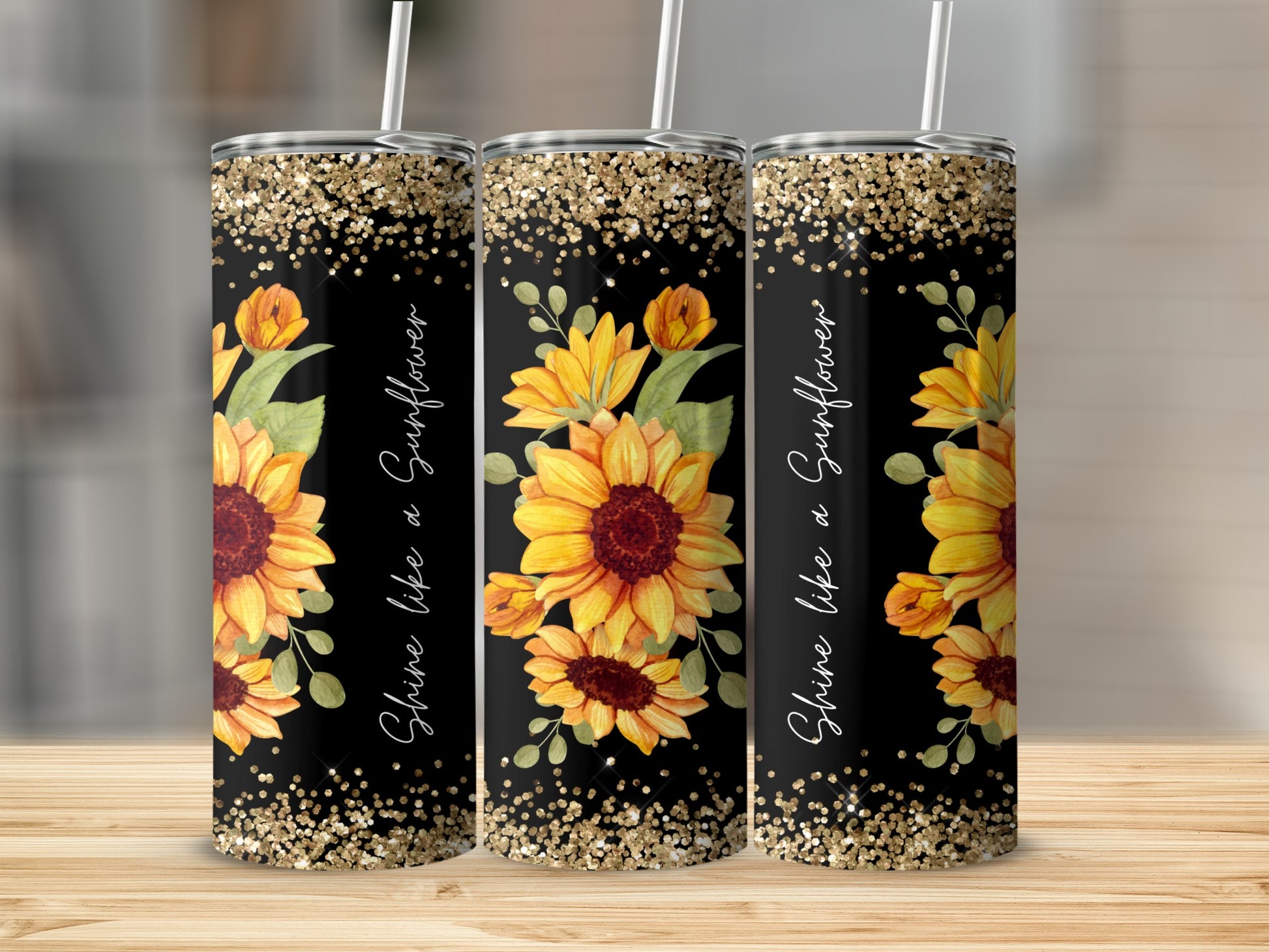 Black tumbler with sunflowers and glitter text "Shine like a Sunflower".