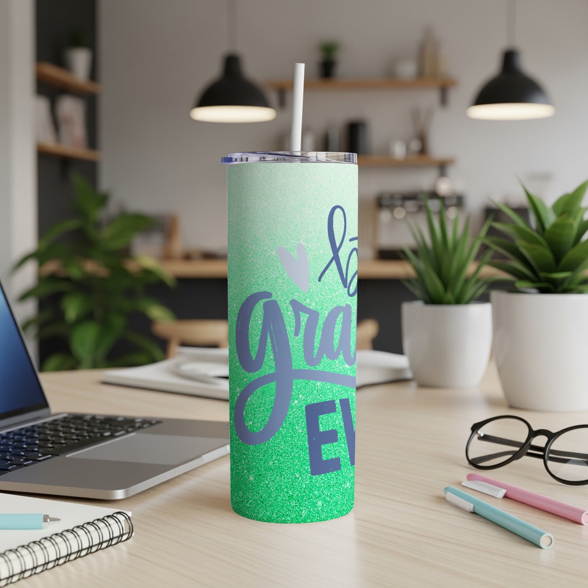 Green ombre tumbler with "love you forever" text.