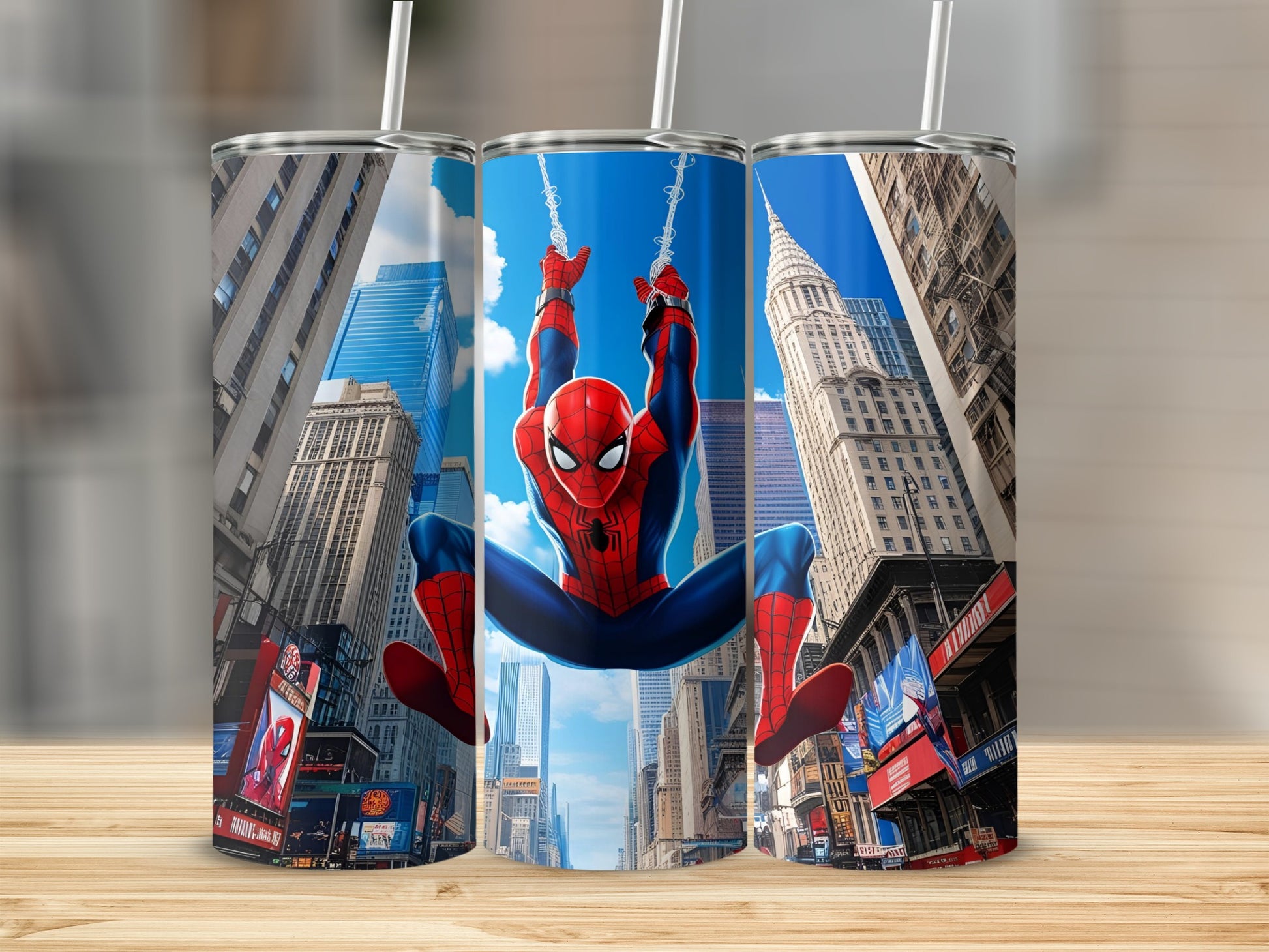 Spiderman hanging from webs in a city street with tall buildings.