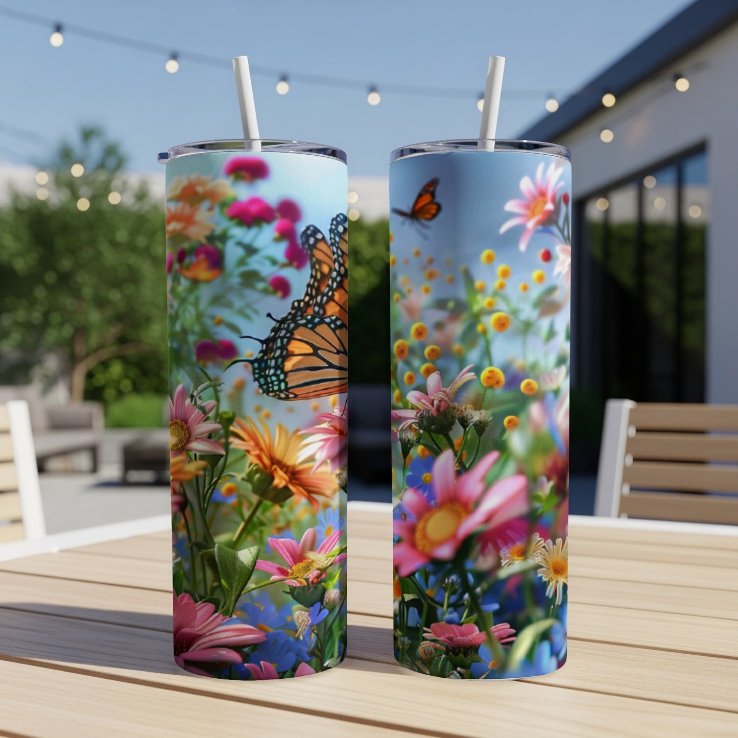 Two tall tumblers with colorful floral and butterfly designs on a table outdoors.