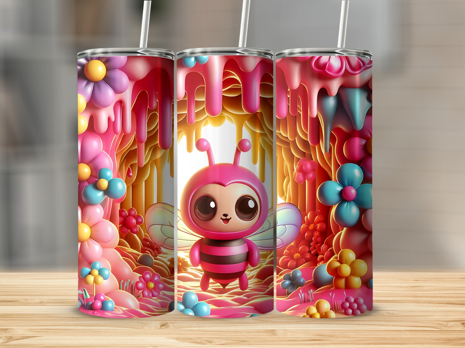 Pink bee character with flowers and dripping icing on a tumbler.