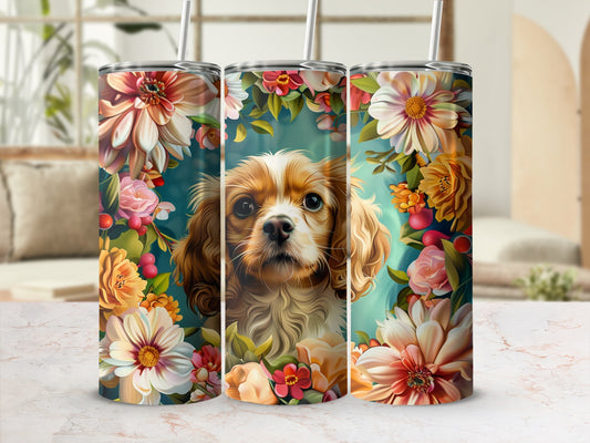 Dog portrait surrounded by colorful flowers on a patterned tumbler.