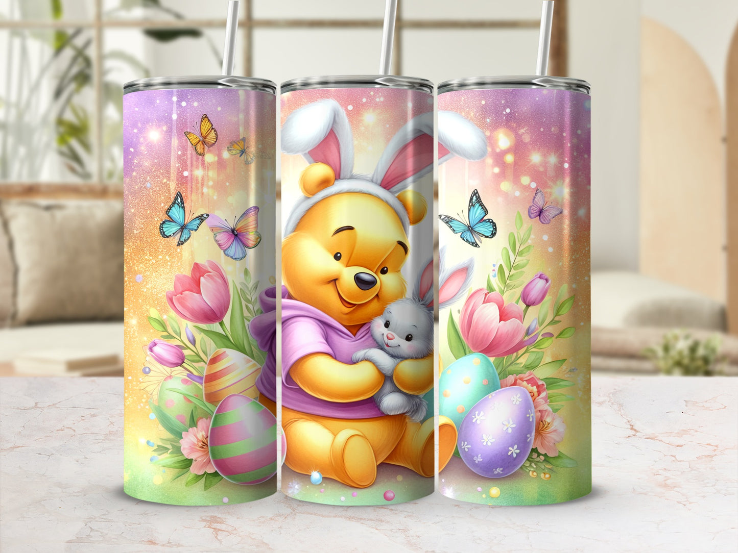 Cute Easter Themed Winnie the Pooh with Butterflies Tumbler