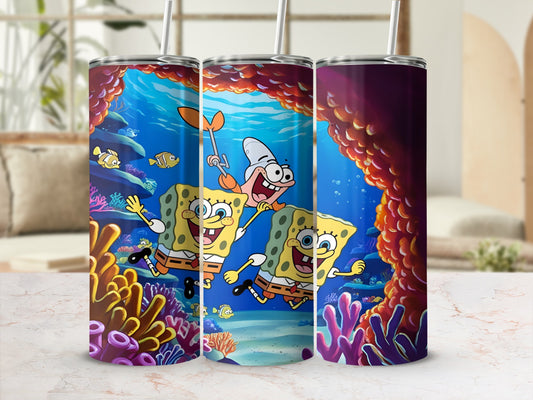 SpongeBob SquarePants characters swimming underwater with colorful coral reefs.