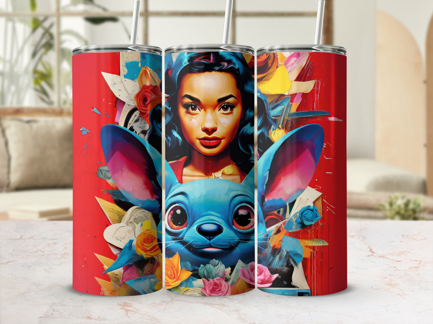 Tumbler with a vibrant collage featuring a woman's face and Stitch from Lilo & Stitch.