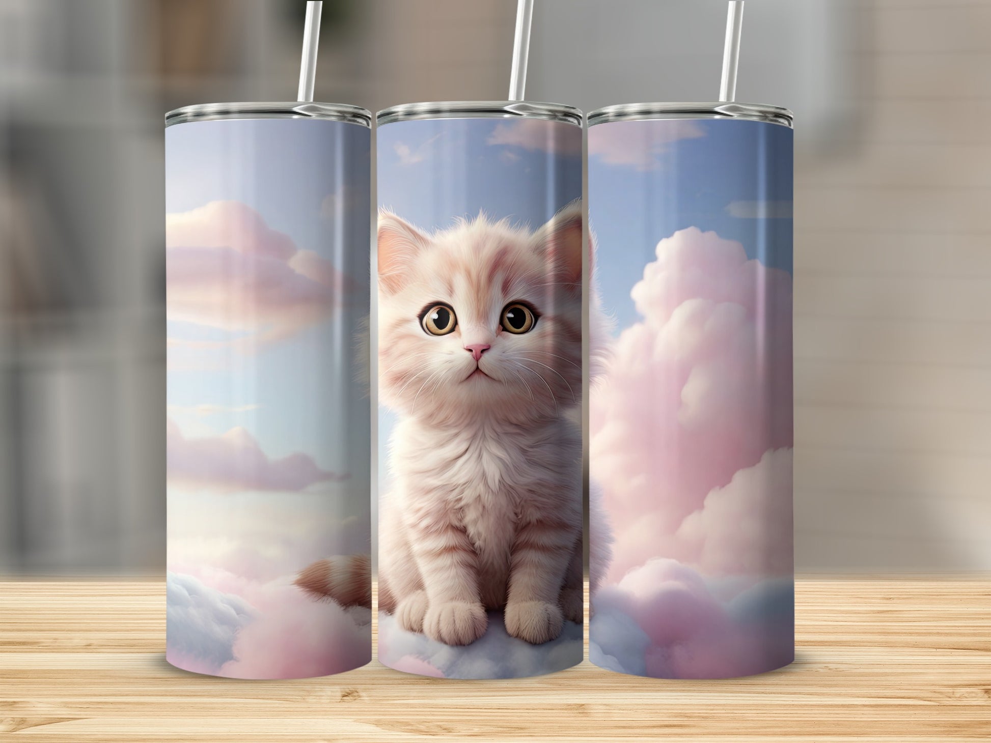 Fluffy kitten sitting on clouds against a sky background, on a tumbler.