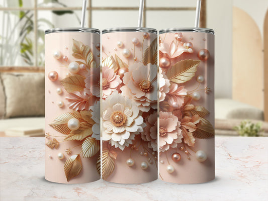 Pink tumbler with raised floral and pearl embellishments.