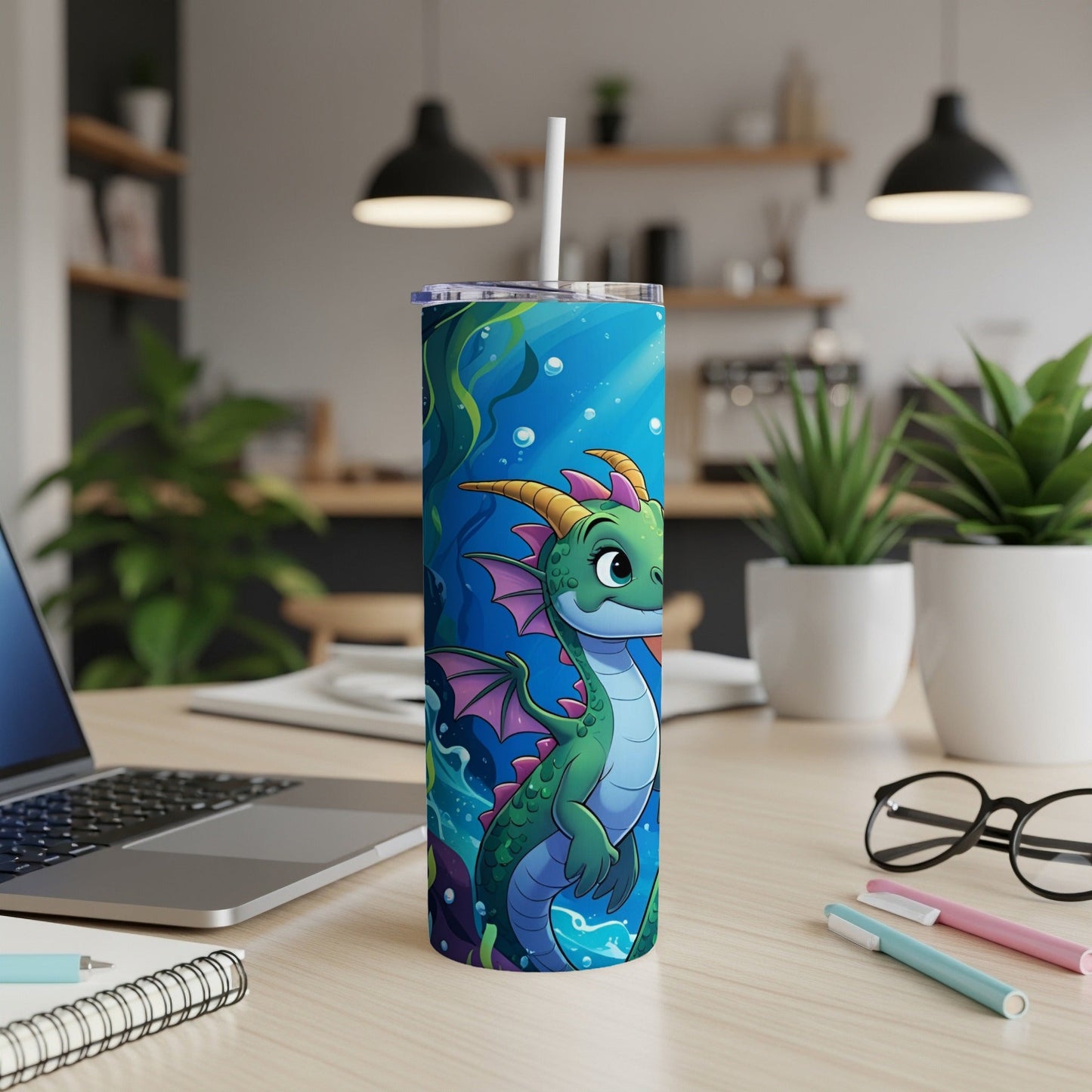 Green cartoon dragon with purple wings on a blue ocean background.
