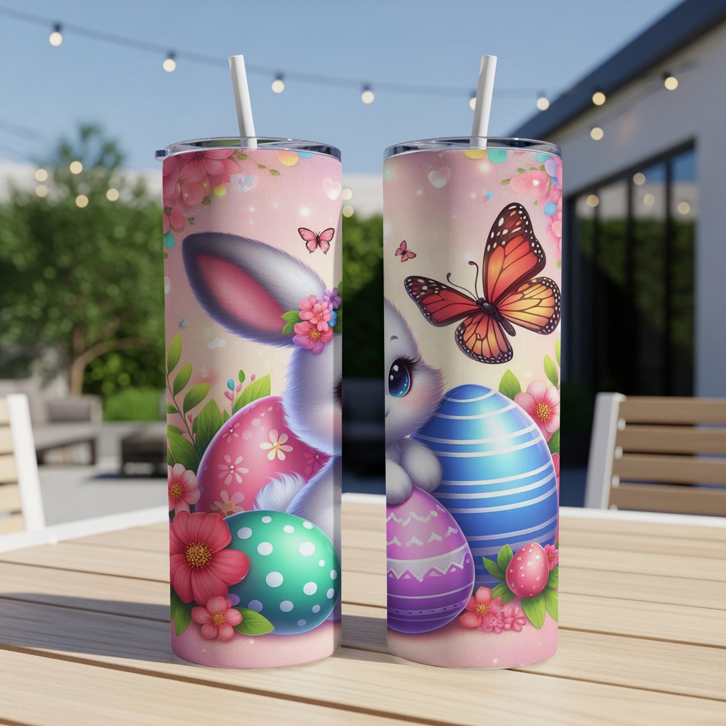 Two Easter-themed tumblers with bunny, eggs, and butterflies.