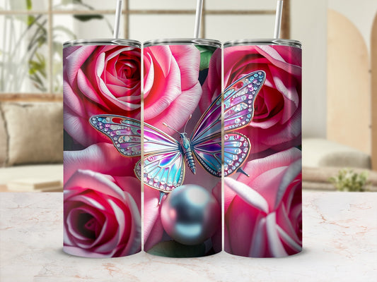 Pink roses and a shimmering butterfly adorn a metal tumbler.