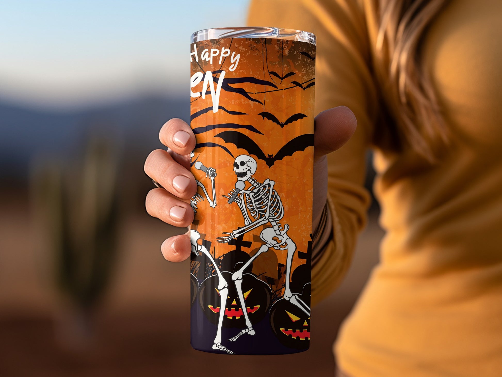 Happy Halloween Skeletons and Bats Design Tumbler