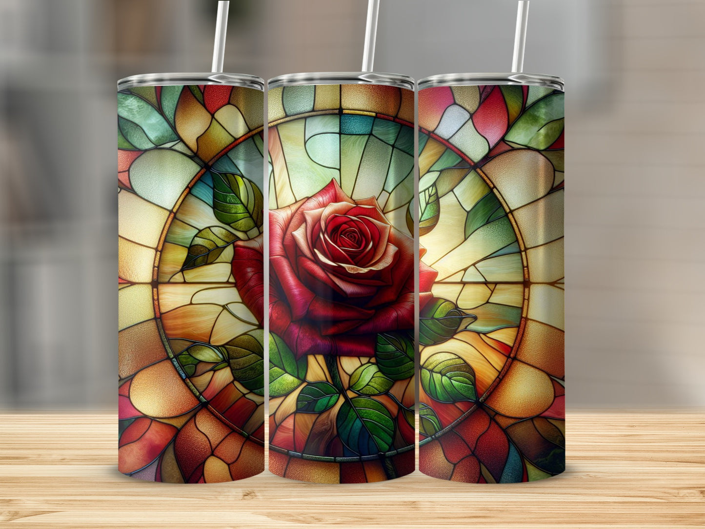 Three stained glass tumblers featuring a red rose design.