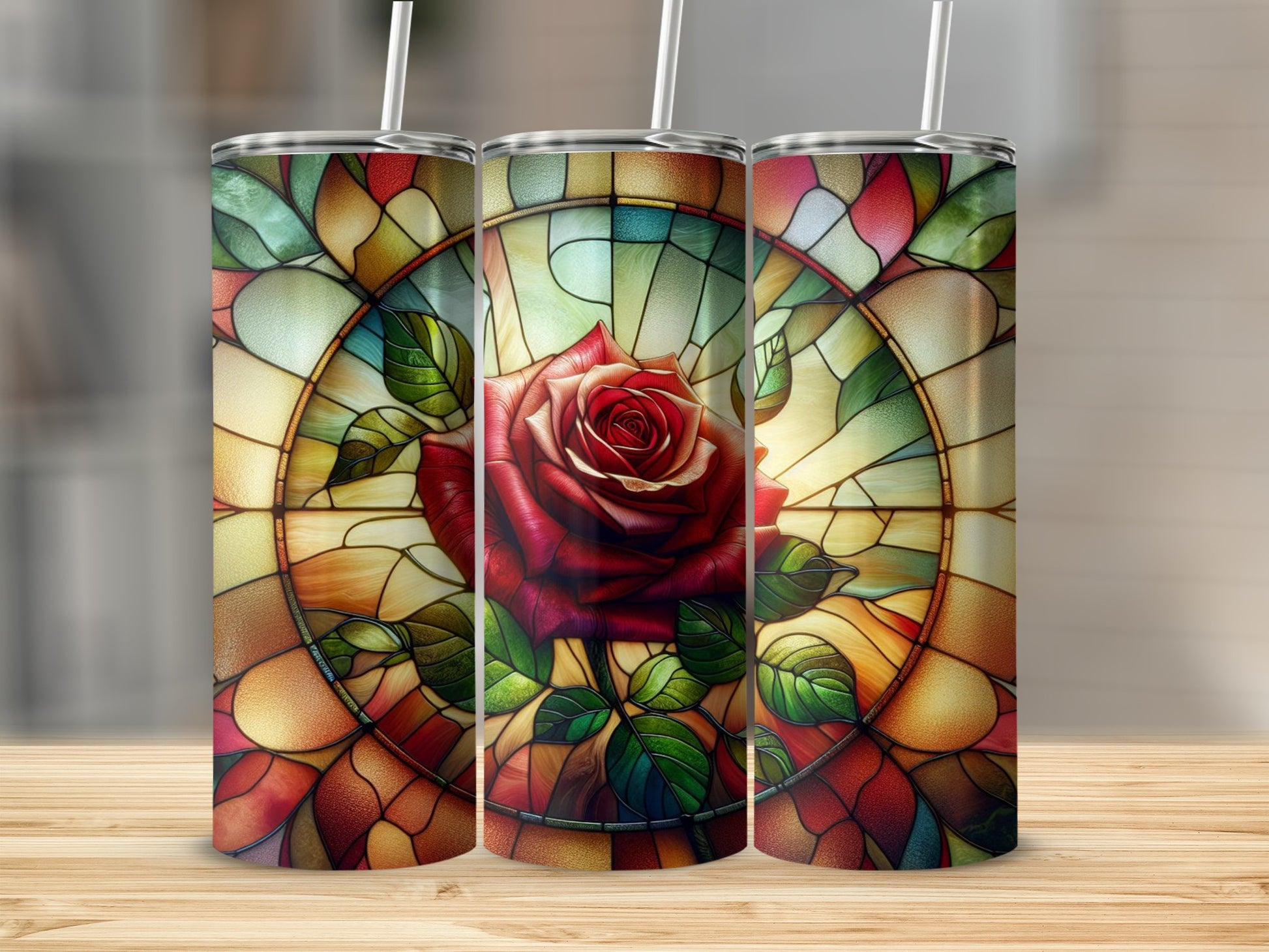 Three stained glass tumblers featuring a red rose design.