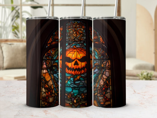 Tumbler featuring a stained-glass jack-o'-lantern and spooky Halloween design.