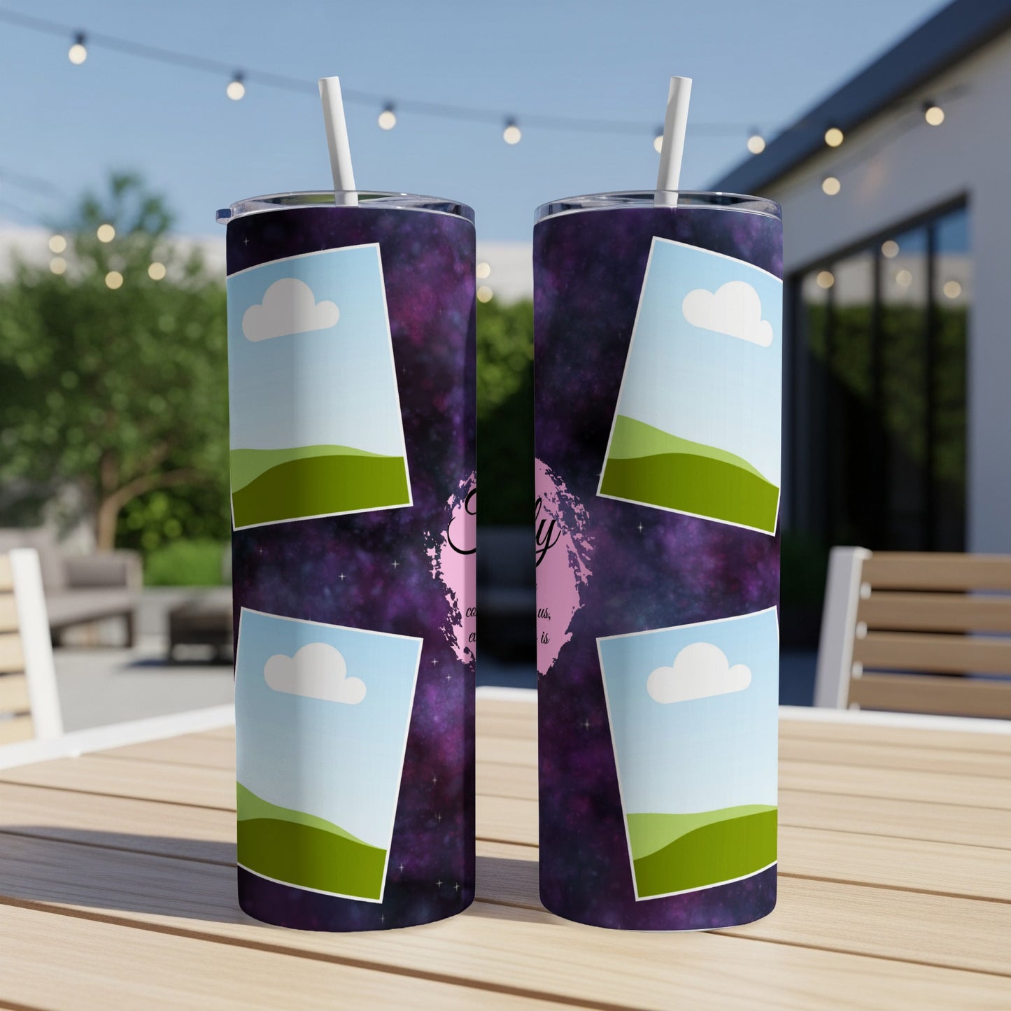 Two tumblers with space background, clouds, and landscape photos.