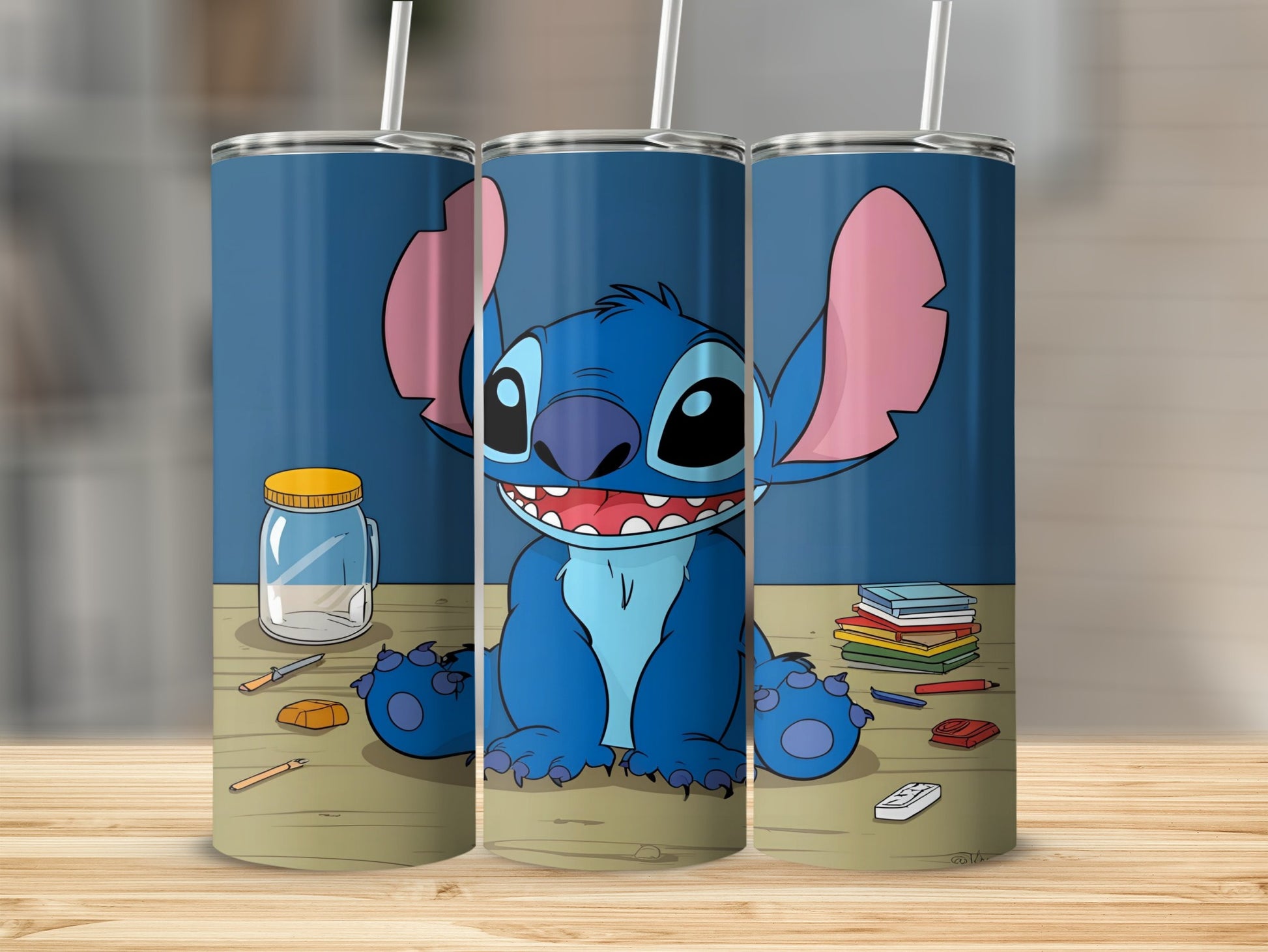 Stitch character with jar of cookies and stack of books.