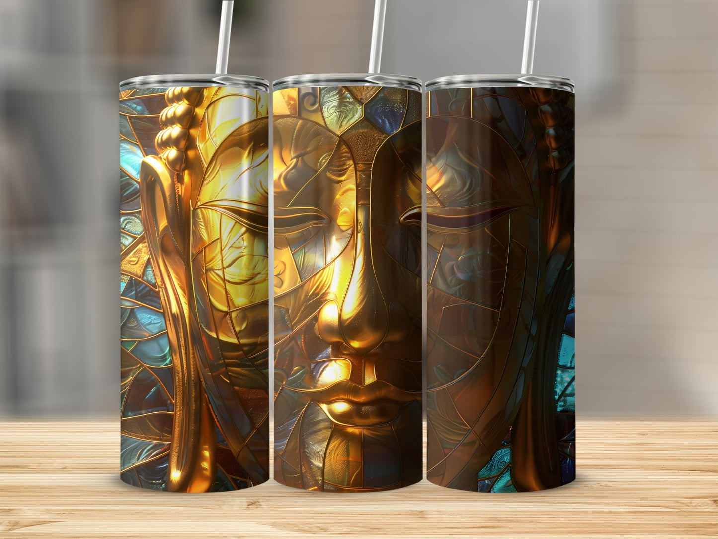 Golden Buddha face tumbler with stained glass accents and straw.